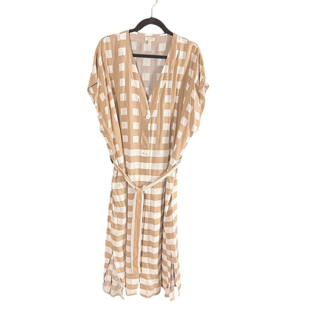 Garnet Hill Tan and White Checkered Midi Dress